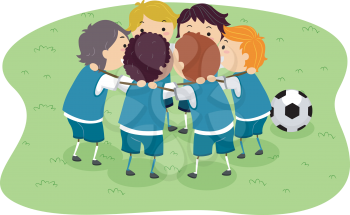 Illustration of Little Boys in a Soccer Game Huddled Together