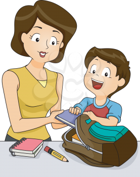 Illustration of a Mother Helping Her Son Pack the Things He Needs for School