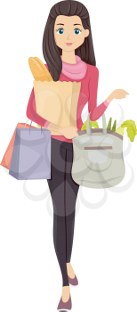 Illustration of a Girl Carrying Bags of Groceries