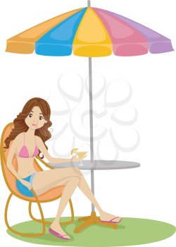 Illustration of a Girl Resting Enjoying a Drink Under a Summer Umbrella