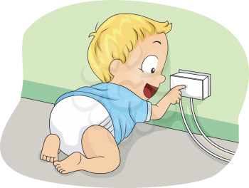 Illustration of a Baby Boy Touching a Covered Socket