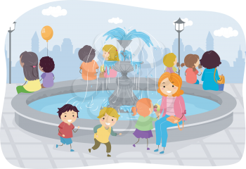Illustration of Kids Playing Around The Fountain While Their Parent Watches