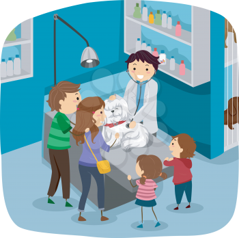 Illustration of a Family Taking Their Dog to the Veterinarian for a Checkup
