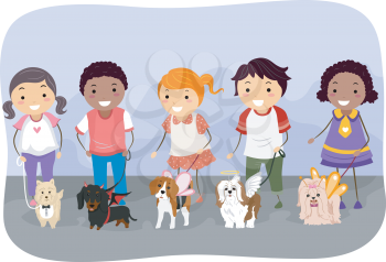 Illustration of Kids Showing off Their Dogs in Their Best Costumes