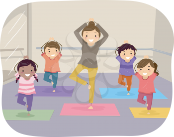 Illustration of Kids Learning Yoga Through the Help of an Instructor