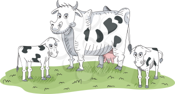 Illustration of a Cow and its Calves Standing on a Patch of Grass