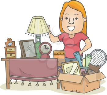 Illustration of a Woman Standing Beside a Box Full of Assorted Items