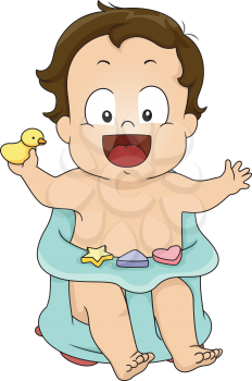 Illustration of a Happy Baby Boy Sitting on a Bath Seat