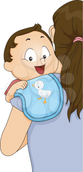 Illustration of a Baby Boy with His Chin Pressing Against a Burp Cloth