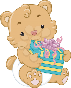 Illustration of a Cute Baby Bear Holding a Gift Box