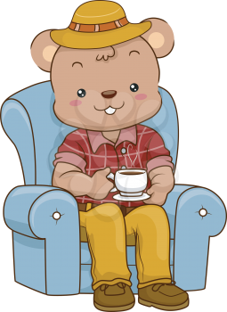 Illustration of an Adult Male Bear Having Coffee