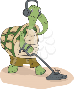 Illustration of a Cute Turtle Scanning the Ground with a Metal Detector