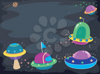 Illustration Featuring Colorful UFOs Hovering in Space