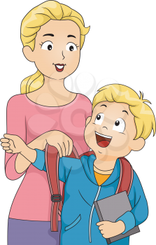 Illustration of a Mother Helping Her Son Put on His Schoolbag