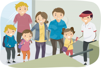 Illustration of Families Lining Up to Present Their Tickets