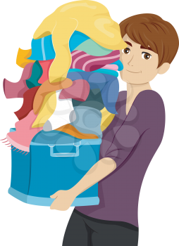 Illustration of a Male College Student Carrying a Pile of Laundry