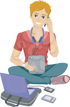 Illustration of a Male Teenager Surrounded by Different Electronic Gadgets
