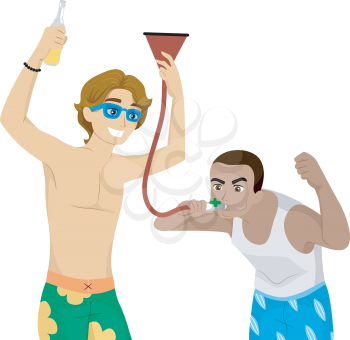 Illustration of Male Teens Fooling Around with a Beer Funnel