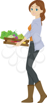 Illustration of a Girl Carrying a Wooden Tray of Organic Produce