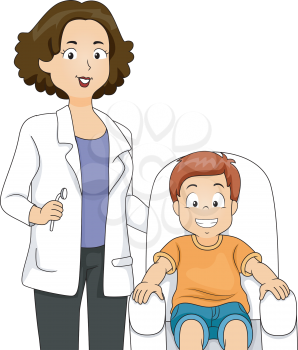 Illustration of a Little Boy Sitting on a Dental Chair with His Dentist Beside Him