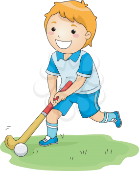 Illustration of a Little Boy Happily Playing Field Hockey