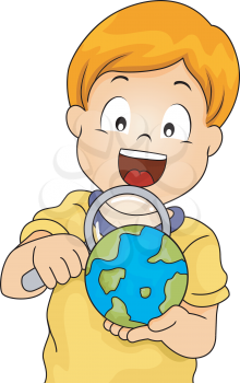 Illustration of a Little Boy Using a Magnifying Glass to Examine a Globe