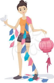 Illustration of a Girl Carrying Various Party Decorations
