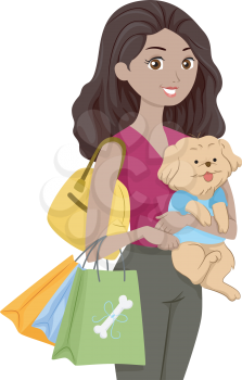 Illustration of a Woman Carrying a Cute Dog Shopping for Pet Supplies