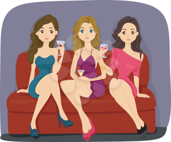 Illustration Featuring Three Lovely Women in Sexy Outfits Having a Drink at a Bar