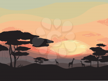 Illustration Featuring a Sunset Scene in the Safari