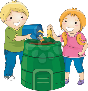 Illustration of Little Kids Dumping Trash in a Compost Bin