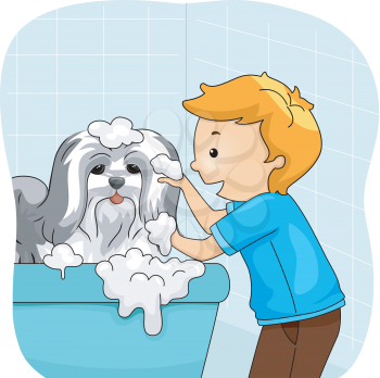 Illustration of a Little Boy Giving His Dog a Bath