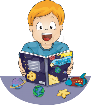 Illustration Featuring a Little Boy Reading an Astronomy Book Happily
