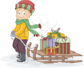 Illustration Featuring a Little Boy Pulling a Sled Full of Christmas Presents