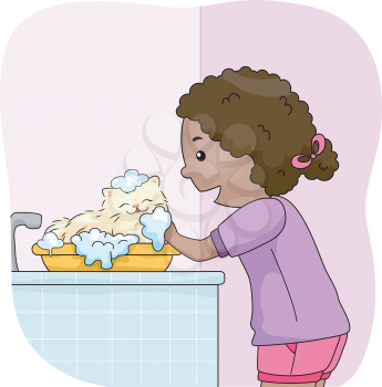 Illustration of a Little Girl Giving Her Cat a Bath
