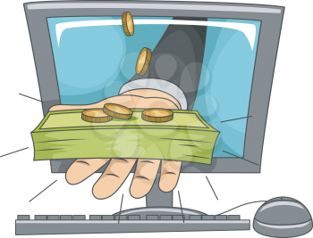 Illustration of a Hand Holding a Stack of Cash Protruding From a Computer Monitor