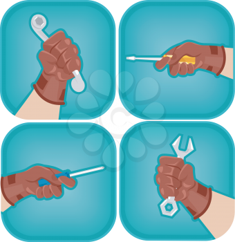 Icon Illustration Featuring Cropped Hands Holding Different Tools