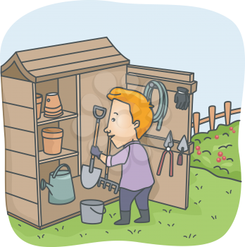 Illustration of a Man Putting Garden Tools in His Tool Shed