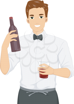 Illustration of a Male Waiter Carrying a Wine Tray Holding Glasses of Wine