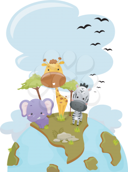 Illustration Featuring Cute Safari Animals Standing on Top of the Earth