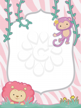 Feminine Frame Illustration Featuring a Cute Lion and Monkey