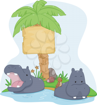 Board Illustration Featuring a Pair of Hippopotamuses with Birds Resting on Their Backs