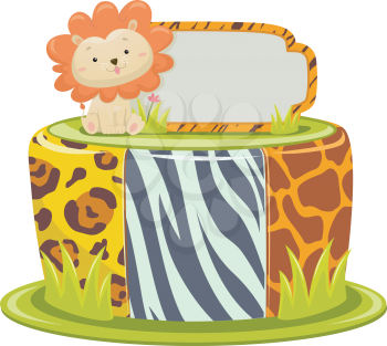 Illustration of a Cake Designed with Safari Prints and a Lion Cake Topper