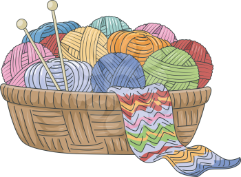 Illustration of a Wicker Basket Full of Knitting Materials