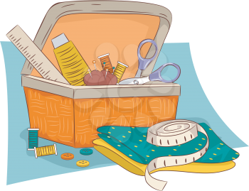 Illustration of a Wicker Basket Containing Sewing Materials