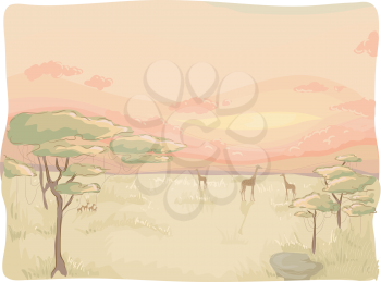Sketchy Illustration Featuring a Safari Sunset
