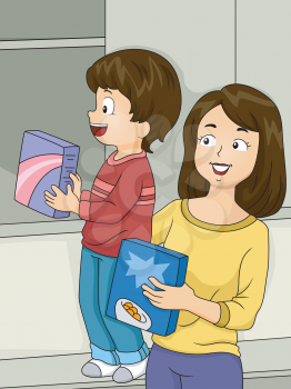 Illustration of a Mother and Son Putting Groceries on the Cupboard