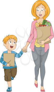 Illustration of a Mother and Son Carrying Bags of Groceries