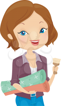 Illustration of a Girl Carrying Rolls of Wallpaper and a Paintbrush