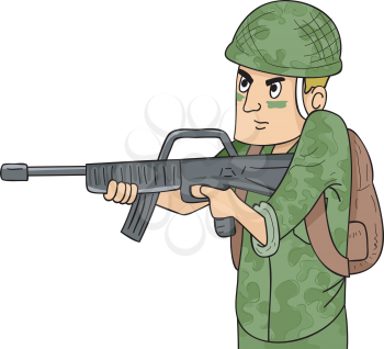 Illustration of a Soldier in Camouflage Uniform Wielding a Machine Gun
